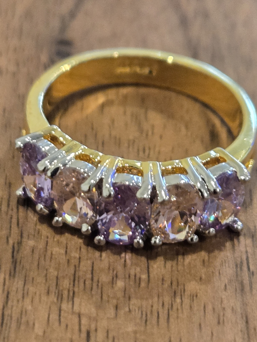 Gold Tone Women’s Ring with Light Purple Pink Gemstones